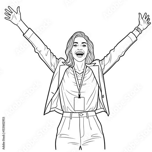 A cheerful woman celebrating with arms raised in a simple line art style