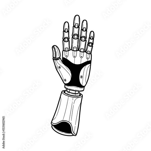 A detailed illustration of a robotic hand in a simple line art style