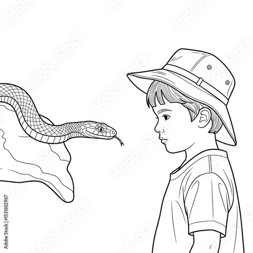 A young boy observing a snake closely in a simple line art style

