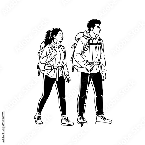 Adventurous young couple, hiking, walking on a trail, minimalistic style, black and white, outdoor activity concept