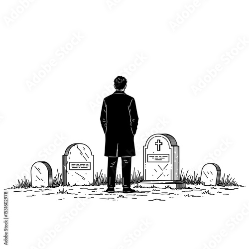 Lonely man, mourning, standing in a cemetery, minimalistic style, black and white, grief concept