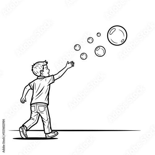 Playful young boy, reaching for bubbles, minimalistic style, black and white, childhood joy concept