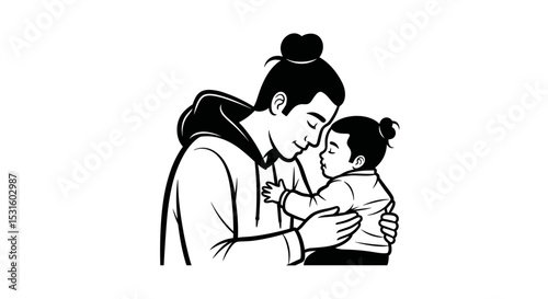 Loving young father, cuddling his baby, minimalistic style, black and white, family concept