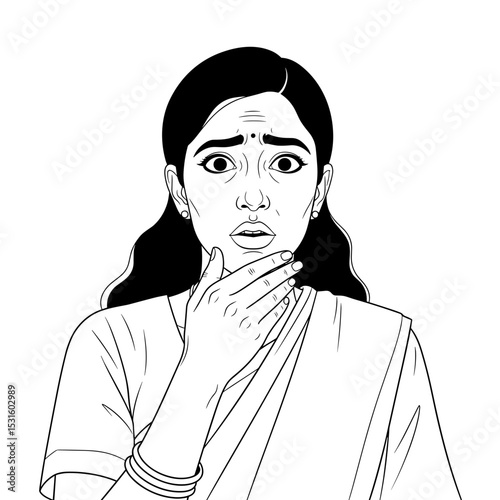 Worried young Indian woman, surprised, holding her throat, minimalistic style, black and white, emotion concept