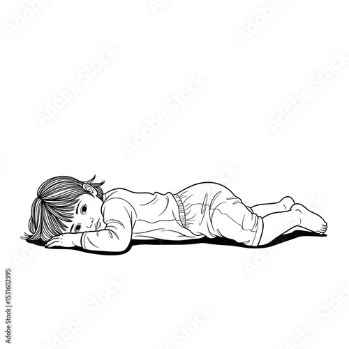 Tired young child, resting, lying on the floor, minimalistic style, black and white, childhood concept
