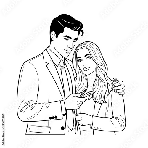 Happy couple, engaged, using a smartphone together, minimalistic style, black and white, relationship concept