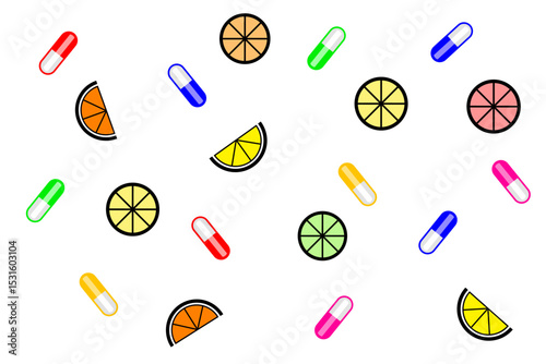 Colorful assortment of fruits and capsules with vivid shapes scattered on a white background