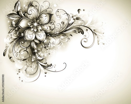 Sepia-toned floral design with ornate swirls and sparkles, creating a sophisticated and elegant corner composition on a light beige background
