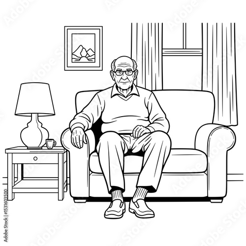 Elderly man sitting comfortably on a sofa in a cozy living room