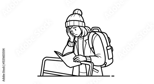 Tourist looking at a travel guide with a pensive expression in an airport setting