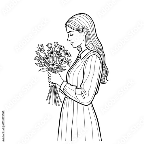 Young woman admiring a bouquet of flowers with a serene expression in a simple setting