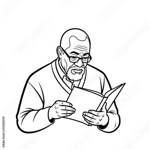 Elderly Asian man reading a book with a focused expression in a cozy setting