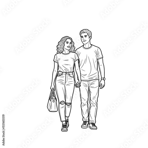 Couple holding hands and walking together with cheerful expressions in a casual setting