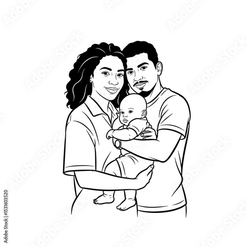Mixed-race family smiling together while holding a baby in a warm and loving embrace
