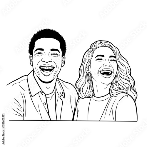 Interracial couple laughing together with joyful expressions in a fun setting