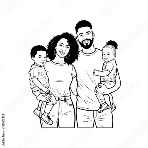 Family of four smiling together with children in a joyful and loving pose