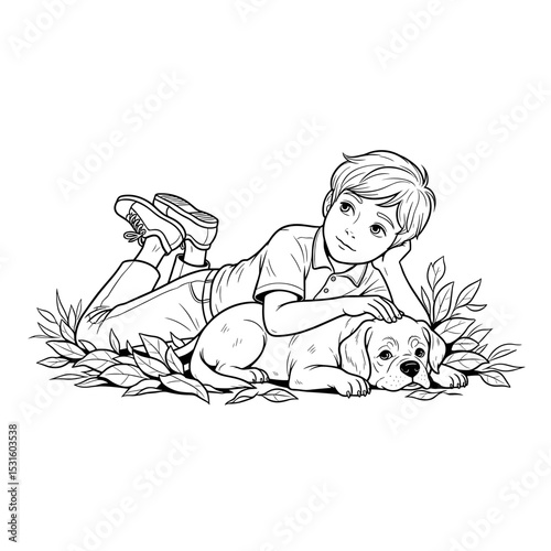 Boy lying down with his dog in a playful and relaxed garden setting