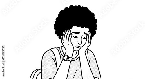 Young man with a worried expression holding his face in his hands in a contemplative moment