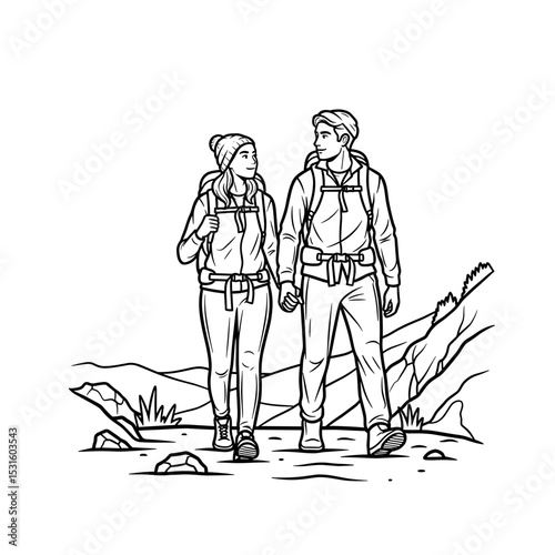 Couple hiking hand in hand on a trail with a scenic mountain background