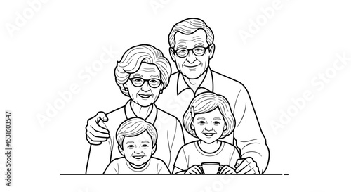 Elderly couple with grandchildren smiling together in a warm familial setting