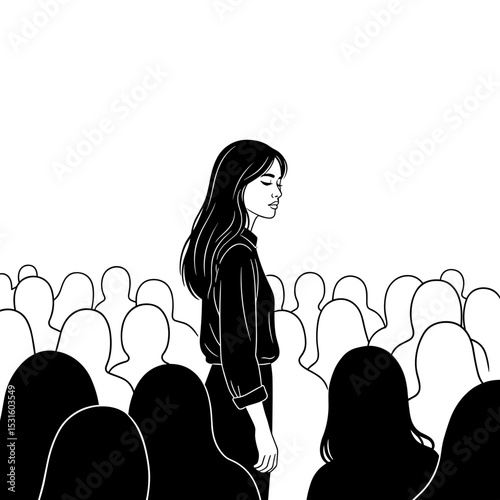 Young woman standing alone in a crowd with a thoughtful expression in a minimalistic setting