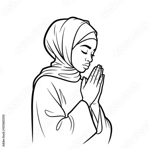 Muslim woman praying gracefully with a serene expression in a contemplative pose