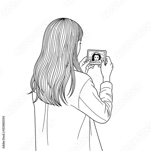 Young woman looking at a photo with an intrigued expression in a casual setting