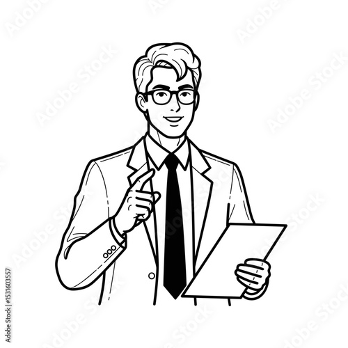 Speaker with a confident expression holding a document and pointing in a professional setting