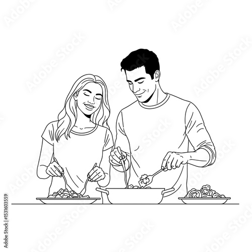Couple with joyful expressions cooking together in a cheerful kitchen environment