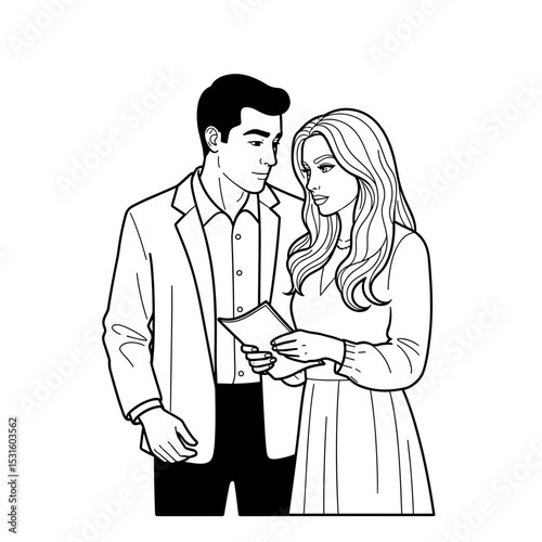 Couple with a serious expression reading a letter together in a thoughtful moment