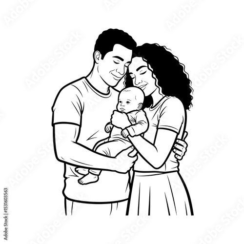 Loving couple holding a baby with joyful expressions in a warm family moment