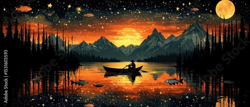 Serene sunset over a mountain lake, reflected in still waters, with a lone figure in a small boat, stars and fish adding to the dreamy atmosphere