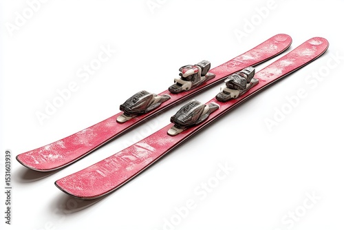 pair of red alpine skis with bindings isolated on white background for winter sport and ski holiday