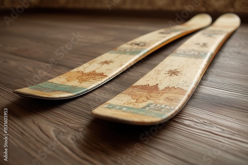 vintage-style skis with decorative map and snowflake design resting on wooden floor for ski holiday theme