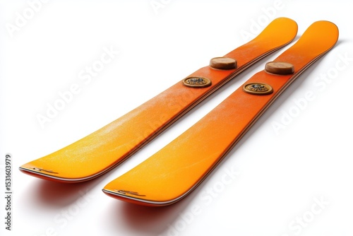 bright orange skis with minimal bindings isolated on white background for winter sport and ski gear visuals