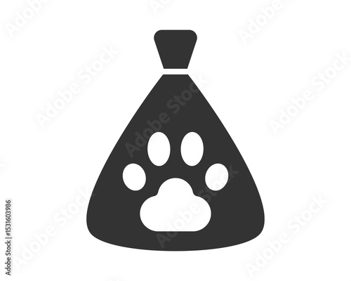 Icon of a bag or sack with a dog paw print, symbolizing pet care, food, or related products. Use for veterinary, animal shelter, or pet product designs. Minimalist  clear.
