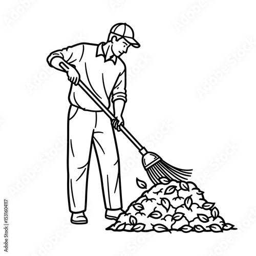 Man in a focused mood raking leaves in a garden 