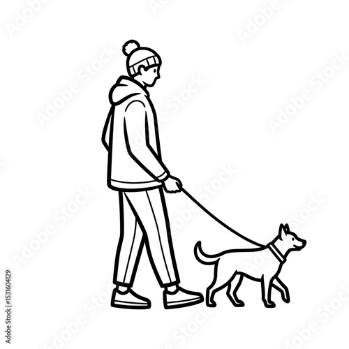 Man walking dog, enjoying outdoor stroll, winter attire, line art, pet companionship