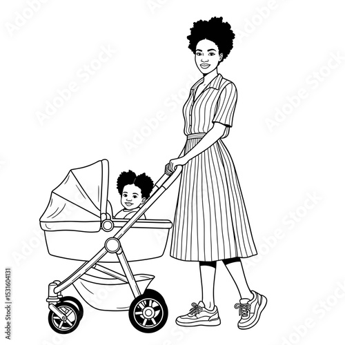 Mother pushing stroller with baby, happy moment, outdoor stroll, line art, parenting joy