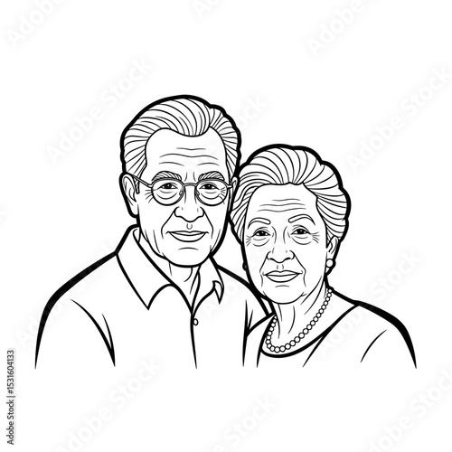 Elderly couple, smiling together, showcasing love and companionship, line art, cherished moments