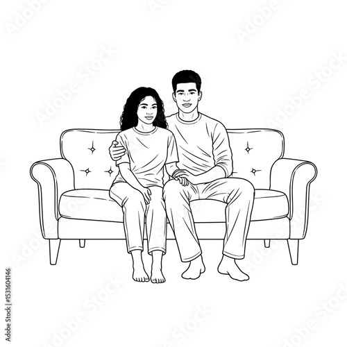 Couple sitting together on couch, comforting each other, intimate moment, line art, connection and affection