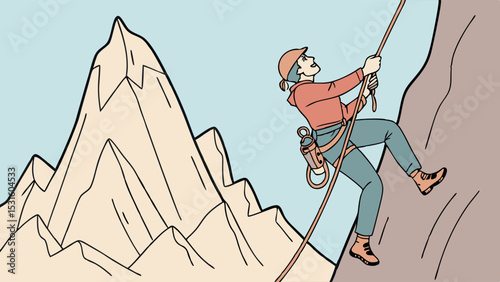 Illustrated Climber Ascending a Mountain with Safety Equipment