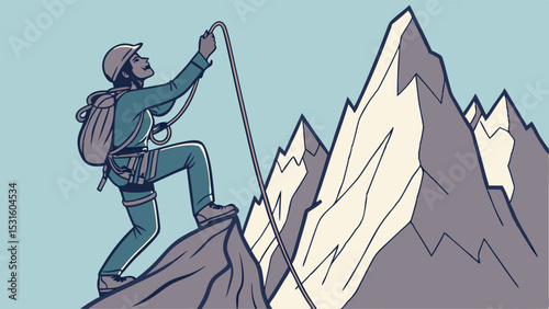 Climber Ascending a Mountain Peak with Rope
