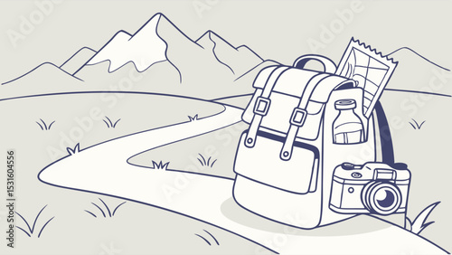 Hiking Backpack with Camera and Map on Mountain Trail