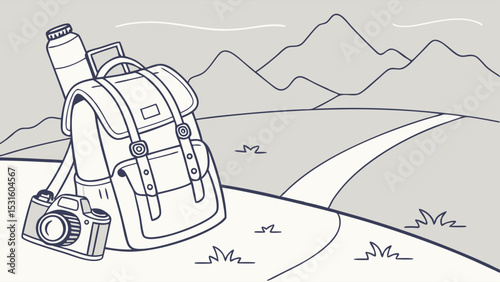 Hiking Backpack with Camera and Water Bottle against Mountain Scenery