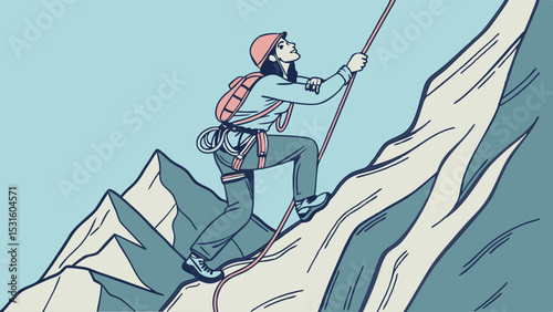 Determined Climber Ascending Snowy Mountain Peak