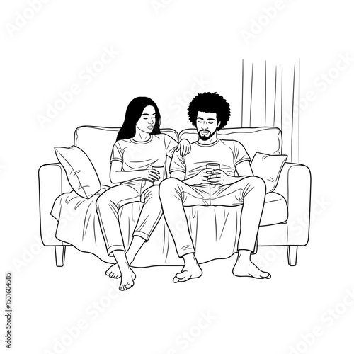 Couple relaxing on sofa, enjoying drinks, cozy atmosphere, line art, intimate moments