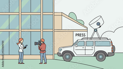 Press Conference with Reporter Cameraman and Satellite Truck Illustration