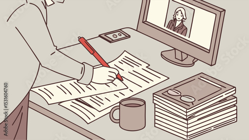 Person Signing Documents During a Video Conference Call