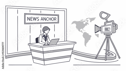 News Anchor at Desk with Camera and World Map